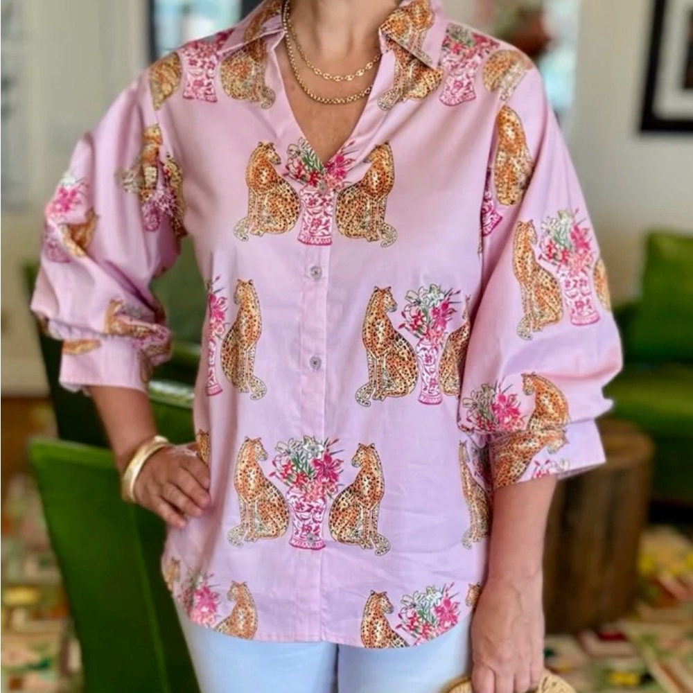 Elegant Pink Leopard Print Button Down Shirt